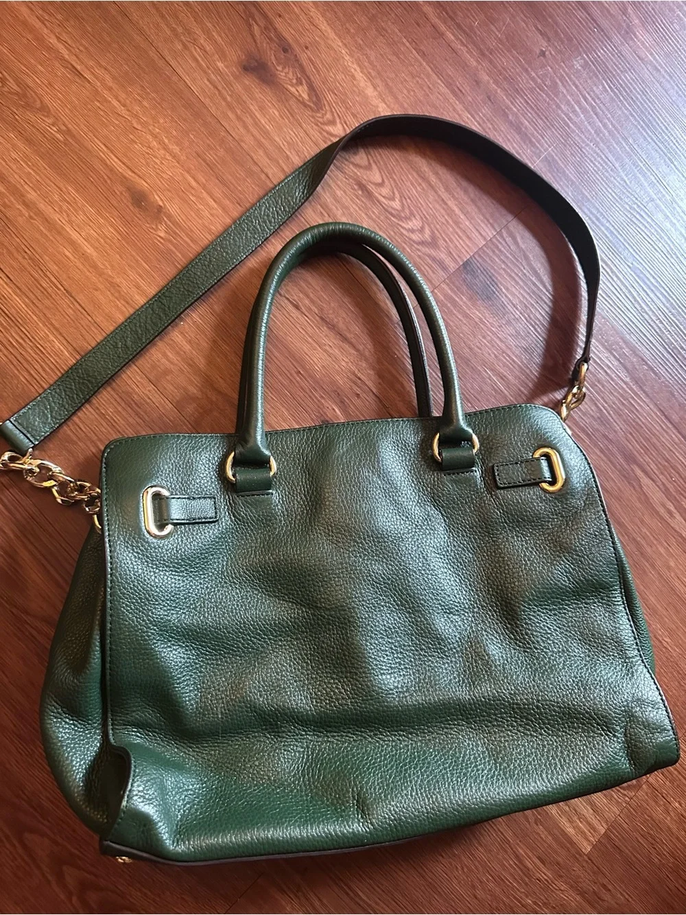 Michael Kors Dark Green Pebbled Leather Hamilton Bag Satchel with Gold Hardware
